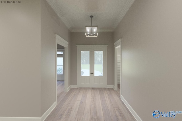 doorway to outside featuring crown molding, light hardwood / wood-style flooring, an inviting chandelier, a textured ceiling, and french doors