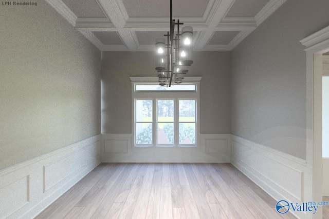 spare room with an inviting chandelier, ornamental molding, coffered ceiling, and light wood-type flooring