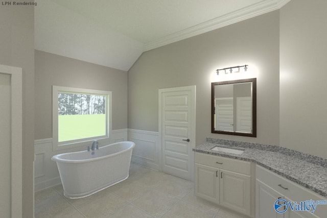 bathroom featuring vaulted ceiling, ornamental molding, vanity, a bathtub, and tile patterned flooring