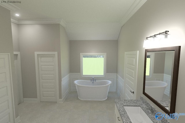 bathroom with tile patterned flooring, vanity, a washtub, and crown molding