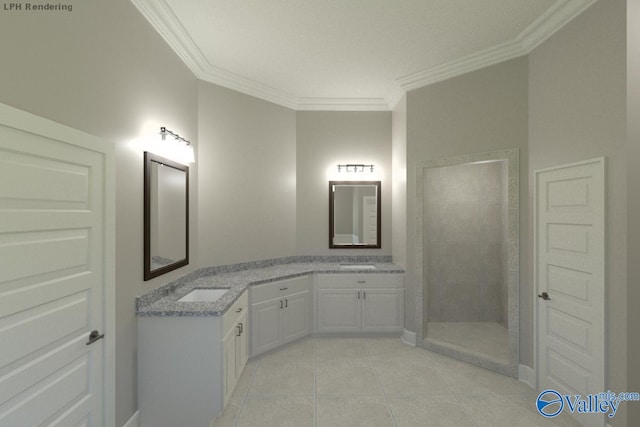 bathroom featuring vanity, tile patterned flooring, crown molding, and tiled shower