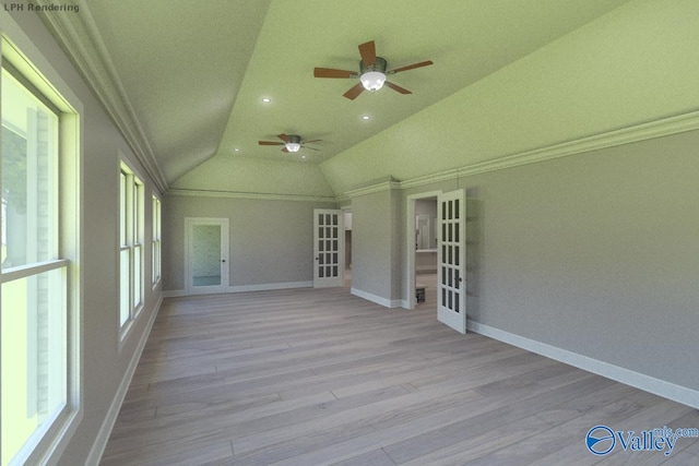 unfurnished sunroom featuring lofted ceiling, french doors, and ceiling fan