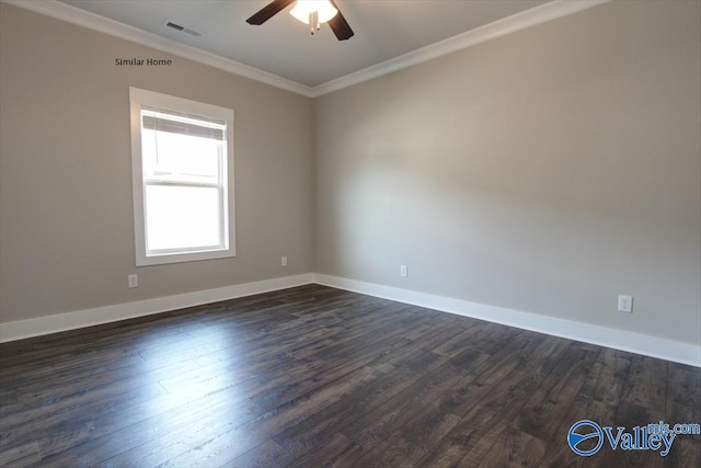 unfurnished room featuring ceiling fan, ornamental molding, and dark hardwood / wood-style floors