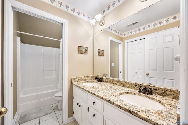 full bathroom with tile patterned flooring, vanity, toilet, and bathing tub / shower combination