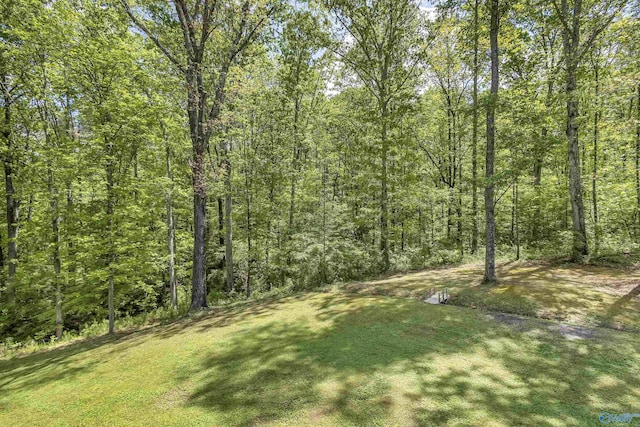 view of yard featuring a forest view