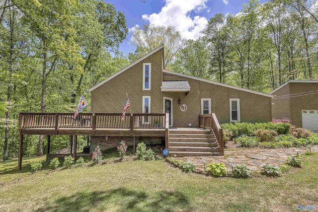 view of front of property with stairs, a front lawn, and a wooden deck