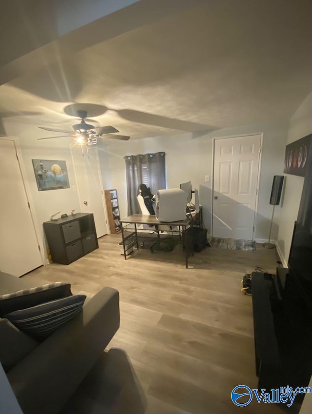 living room featuring light wood-type flooring and ceiling fan