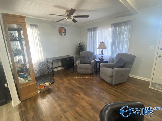 living area featuring ceiling fan, a textured ceiling, dark hardwood / wood-style flooring, and beamed ceiling