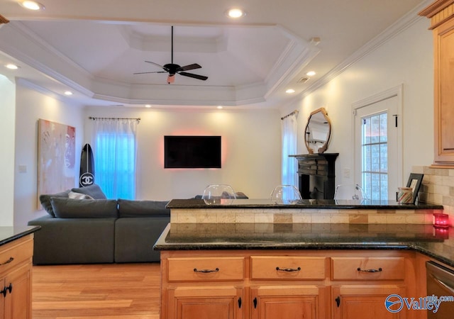 kitchen with light wood finished floors, tasteful backsplash, a raised ceiling, open floor plan, and dishwasher