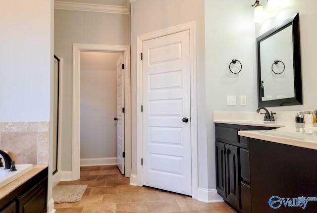 bathroom featuring baseboards, ornamental molding, a shower with shower door, vanity, and a bath