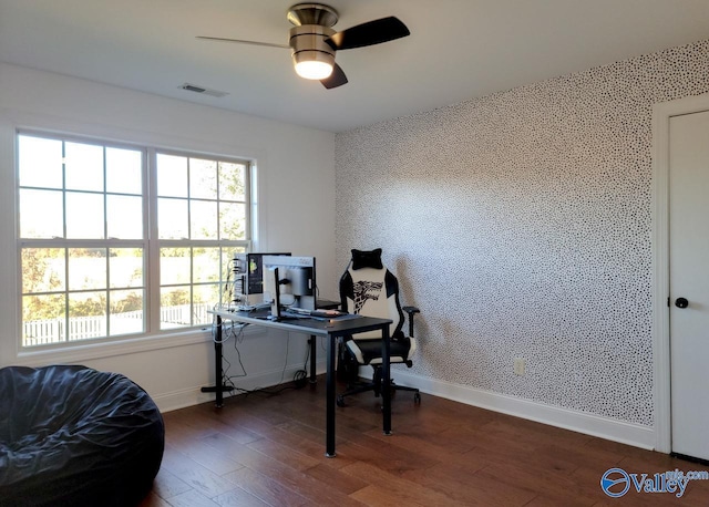 office with wallpapered walls, baseboards, visible vents, ceiling fan, and wood finished floors