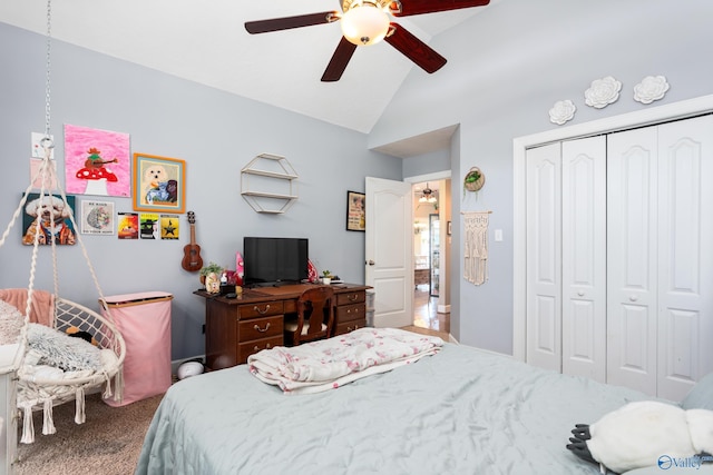 1465 Marshall Way, Southside, AL 35907 - bedroom featuring lofted ceiling, a closet, carpet, and a ceiling fan