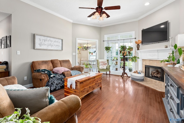 1465 Marshall Way, Southside, AL 35907 - living room with a ceiling fan, recessed lighting, ornamental molding, a fireplace, and wood finished floors