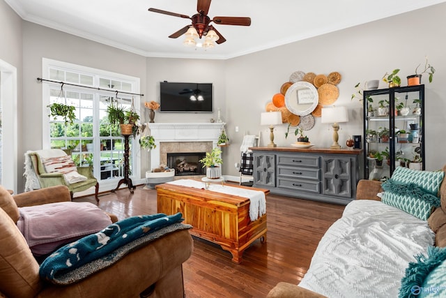1465 Marshall Way, Southside, AL 35907 - living area featuring ceiling fan, ornamental molding, a tiled fireplace, and wood-type flooring