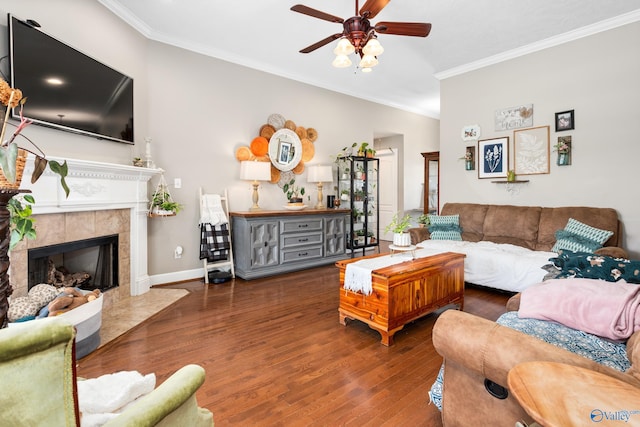 1465 Marshall Way, Southside, AL 35907 - living area featuring crown molding, a ceiling fan, wood finished floors, a fireplace, and baseboards