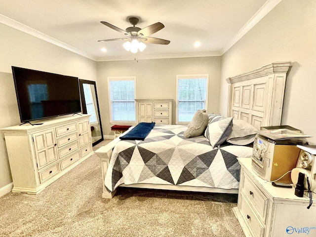 bedroom featuring crown molding, light carpet, and ceiling fan