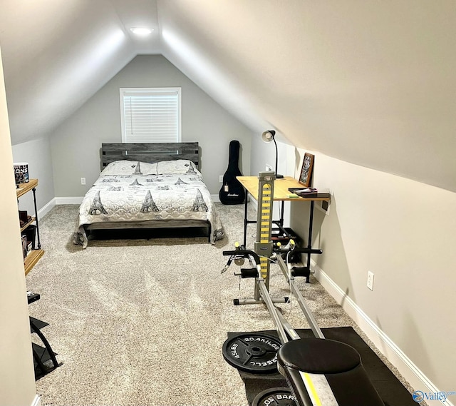 bedroom featuring carpet flooring and vaulted ceiling