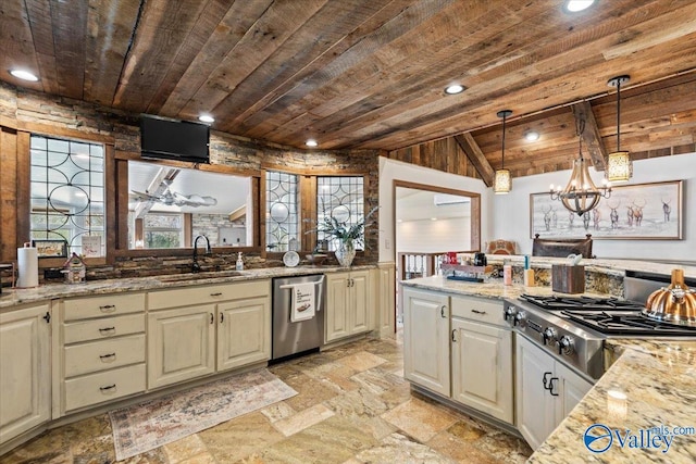 kitchen featuring light stone counters, wooden ceiling, stainless steel appliances, a sink, and hanging light fixtures