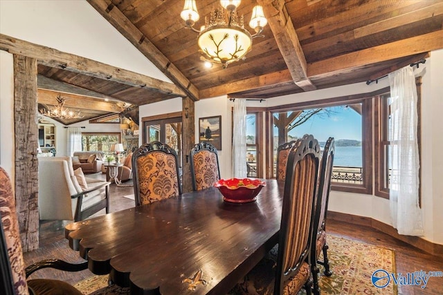 dining room with lofted ceiling with beams, wood ceiling, wood finished floors, a water view, and a notable chandelier