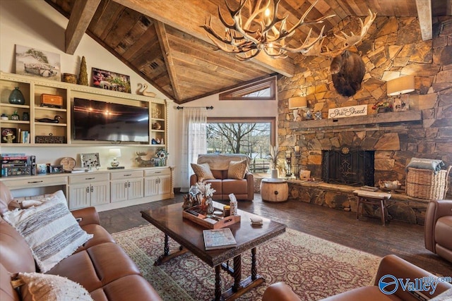 living area with dark wood-style floors, wood ceiling, a fireplace, and beam ceiling