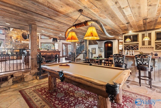 game room featuring a dry bar, wooden ceiling, and billiards