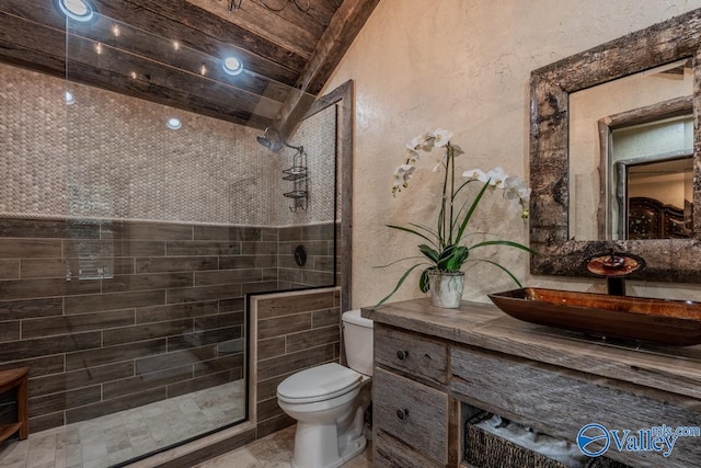 bathroom featuring a textured wall, toilet, vaulted ceiling, vanity, and a shower stall