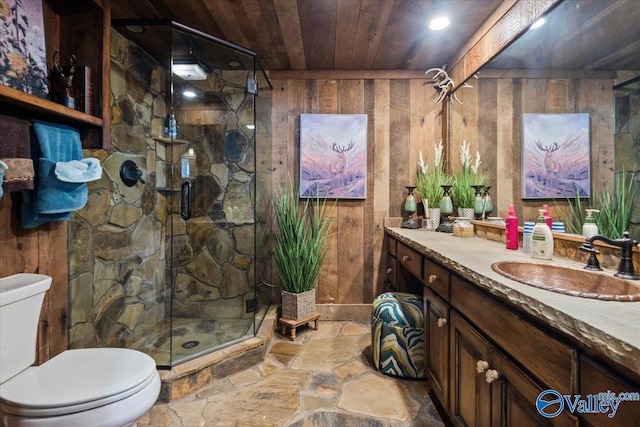 full bath with wood ceiling, wooden walls, stone tile floors, and a shower stall