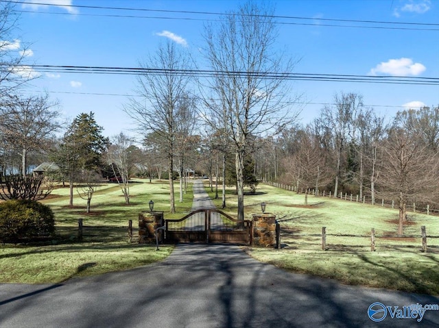 view of street with aphalt driveway, a gate, and a gated entry