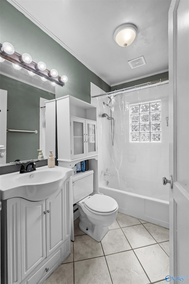 full bathroom with toilet, vanity, tile patterned floors, and shower / tub combo with curtain