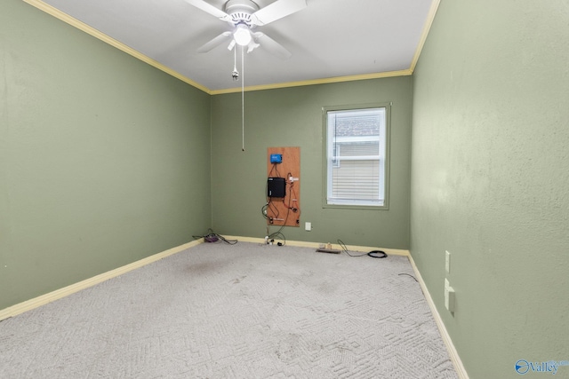 carpeted spare room with ceiling fan and ornamental molding