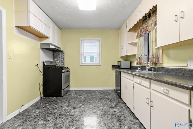 kitchen featuring sink, black dishwasher, stainless steel range with gas cooktop, a textured ceiling, and white cabinets