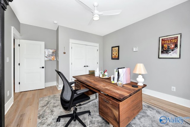 home office featuring ceiling fan and light wood-type flooring