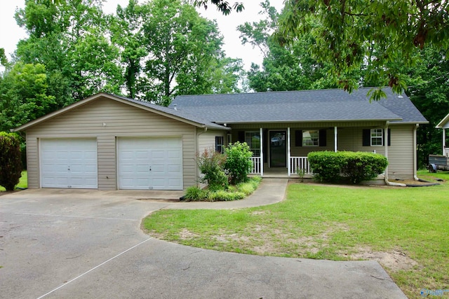 ranch-style home with a porch, a garage, and a front yard