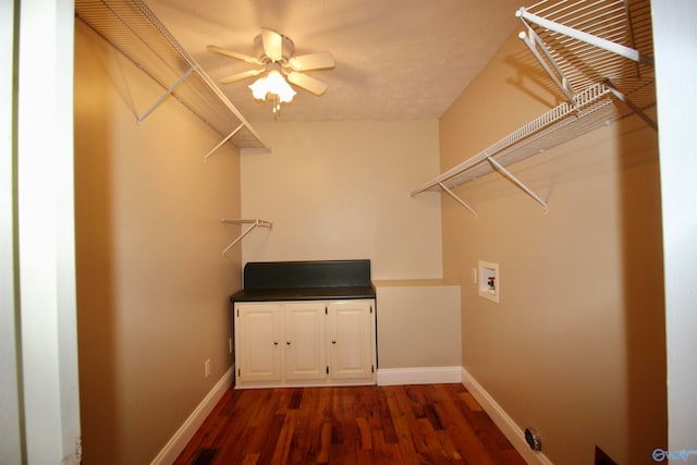 spacious closet featuring hardwood / wood-style flooring and ceiling fan