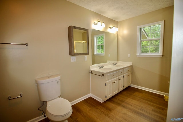 bathroom featuring hardwood / wood-style flooring, a textured ceiling, toilet, and dual bowl vanity