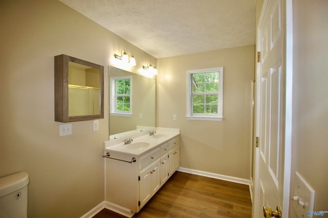 bathroom with a textured ceiling, toilet, wood-type flooring, and double vanity