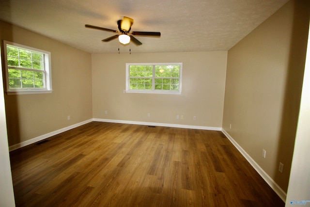 empty room with wood-type flooring, a textured ceiling, a wealth of natural light, and ceiling fan