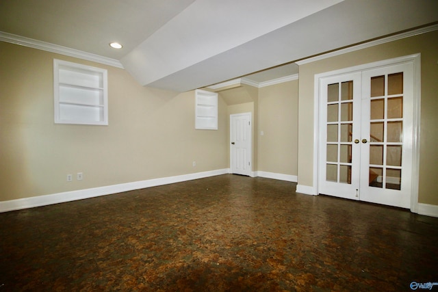 basement with french doors, built in shelves, and ornamental molding