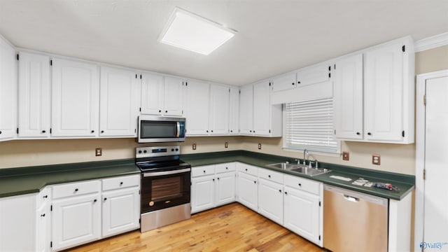 kitchen featuring light hardwood / wood-style floors, sink, white cabinetry, and stainless steel appliances