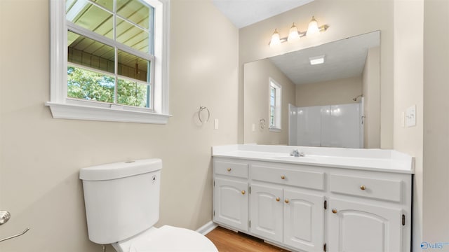 bathroom featuring wood-type flooring, toilet, and vanity