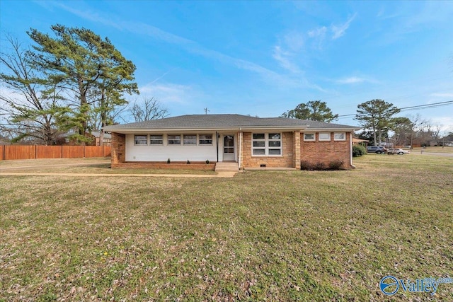 ranch-style house with crawl space, brick siding, fence, and a front yard