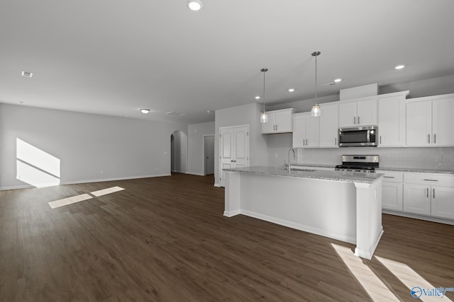 kitchen with white cabinetry, tasteful backsplash, an island with sink, and appliances with stainless steel finishes