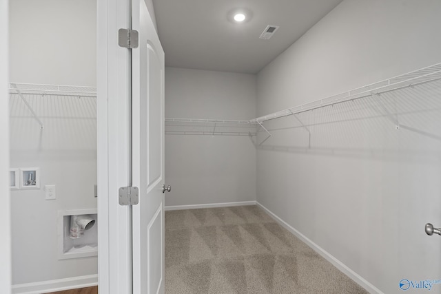 walk in closet with light carpet