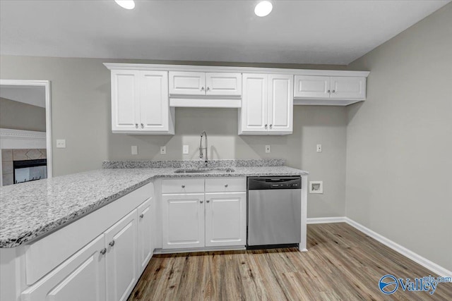 kitchen featuring sink, stainless steel dishwasher, and white cabinets