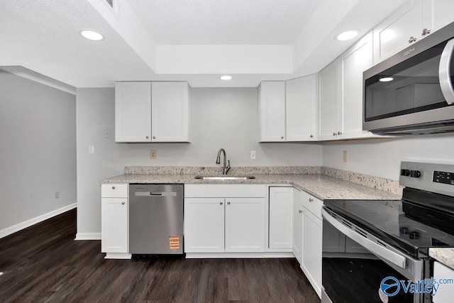 2007B Reaches Pl SW Unit B, Huntsville, AL 35802 - kitchen with stainless steel appliances, a sink, dark wood-style flooring, recessed lighting, and white cabinets