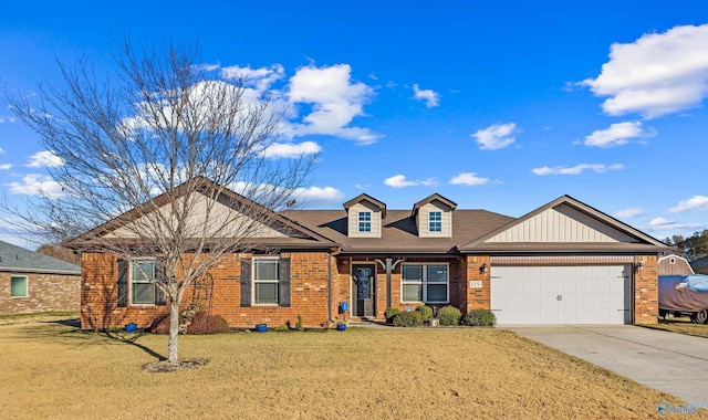 ranch-style home with a garage, brick siding, a front yard, and concrete driveway
