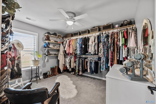 walk in closet featuring carpet flooring, ceiling fan, and visible vents