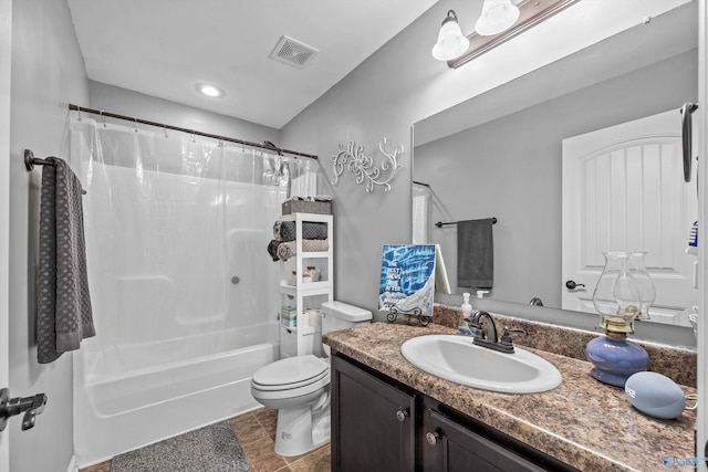 bathroom featuring stone finish flooring, visible vents, toilet, shower / bath combination with curtain, and vanity