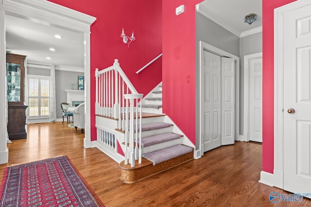 130 Kingswood Dr, Huntsville, AL 35806 - interior space with baseboards, recessed lighting, a fireplace, crown molding, and wood finished floors