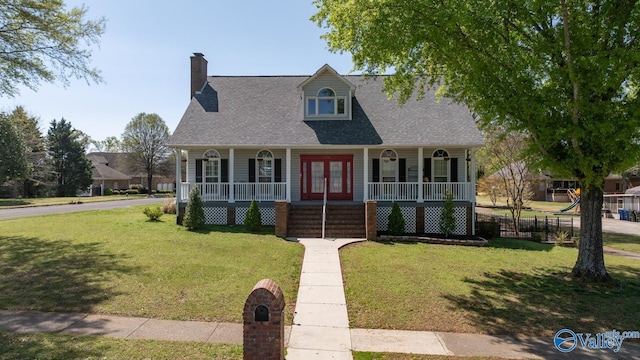 130 Kingswood Dr, Huntsville, AL 35806 - new england style home featuring a shingled roof, a chimney, a front lawn, and covered porch